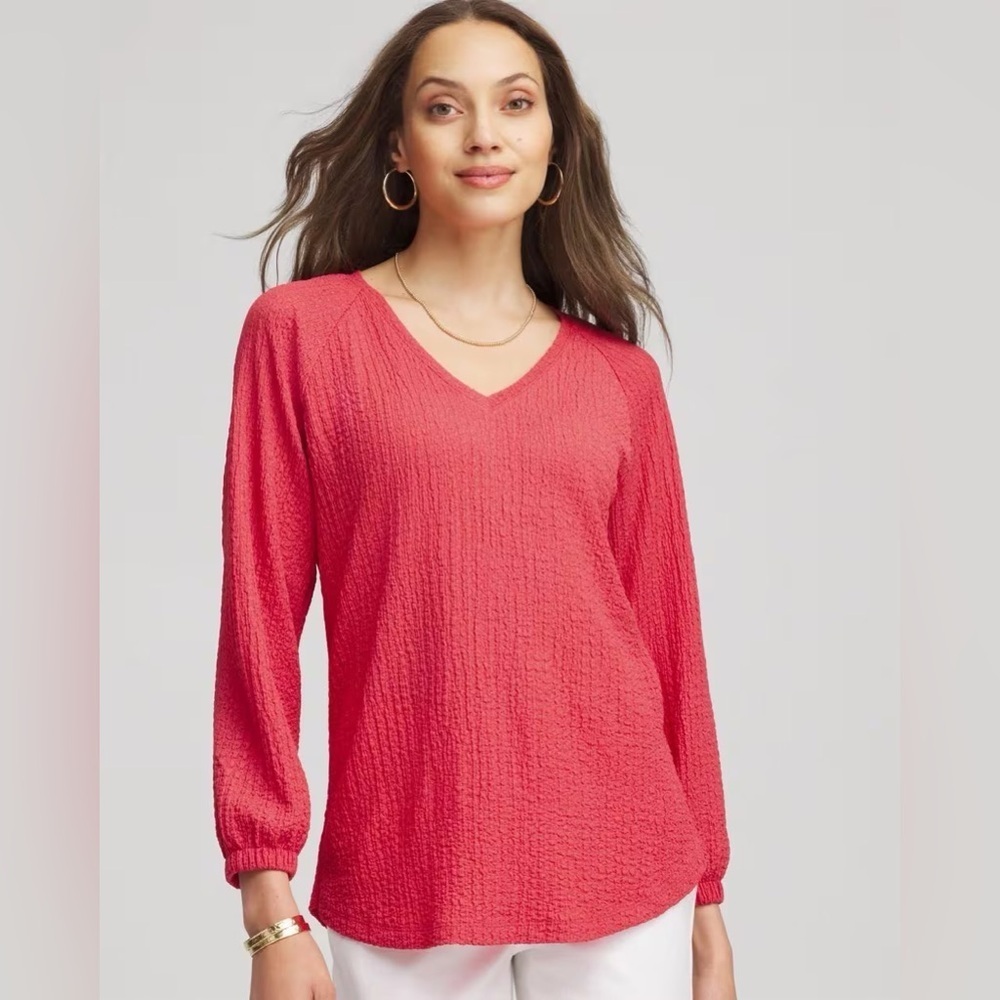 Chicos Shirt Womens XL 3 Textured V Neck Dark Pink